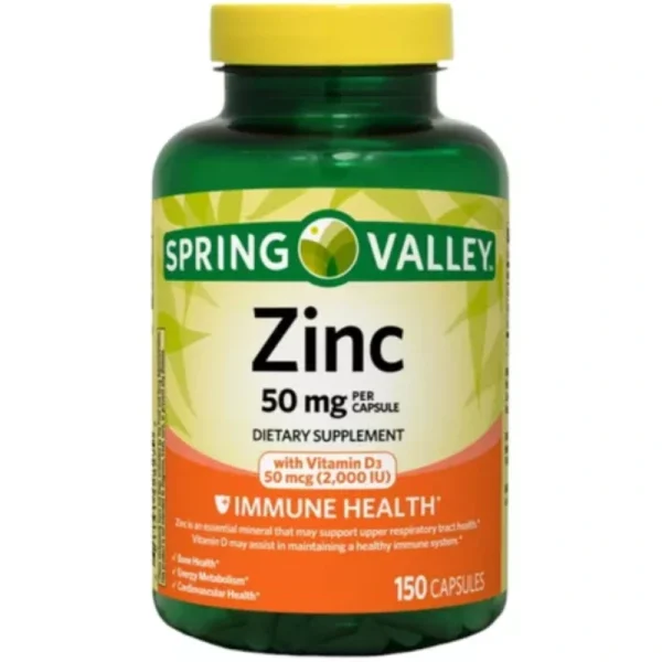 ZINC DE 50 MG, CON VITAMINA D3, 150 CAPSULAS, SPRING VALLEY