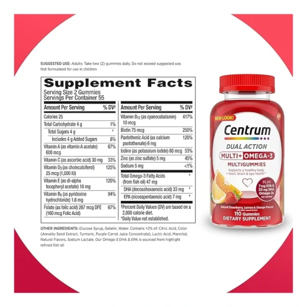 CENTRUM MULTI+OMEGA 3 DE DOBLE ACCION, MULTIVITAMINICO PARA ADULTO 110 GOMITAS - Imagen 4