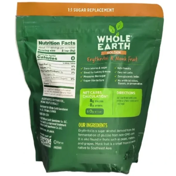 ERYTHRITOL & MONK FRUIT, 908 GR, WHOLE EARTH. ENDULZANTE KETO - Imagen 2