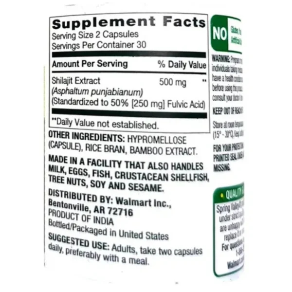 SHILAJIT  DE 500 MG P/ SERVICIO, 60 CAPSULAS, SPRING VALLEY - Imagen 2