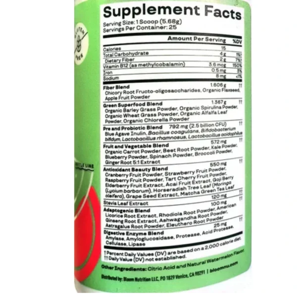 BLOOM GREENS & SUPERFOOD 142 GR, POLVO SANDIA, SIN GLUTEN - Imagen 2