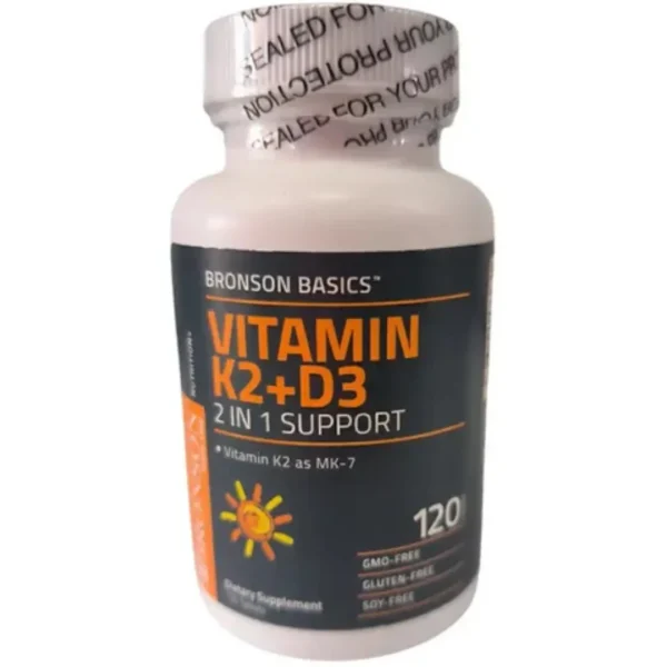 VITAMINA K2 +D3 SIN GLUTEN, 90 MCG, 125 MCG (5000IU) D3, 120 CAPSULAS, BRONSON BASICS