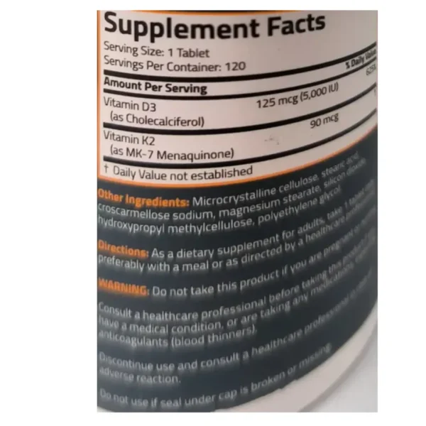 VITAMINA K2 +D3 SIN GLUTEN, 90 MCG, 125 MCG (5000IU) D3, 120 CAPSULAS, BRONSON BASICS - Imagen 2